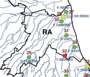 Ripartizione percentuale della classificazione di qualità LIMeco del fosforo totale nelle stazioni chiusura di bacino della provincia di Ravenna.