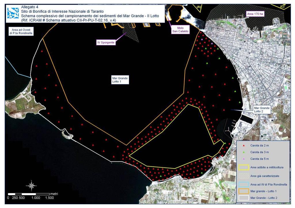 Figura 3: stazioni di campionamento previste nel Mar Grande II Lotto Nel dettaglio, per i campioni di sedimento destinati ad analisi, il piano di caratterizzazione prevedeva le seguenti