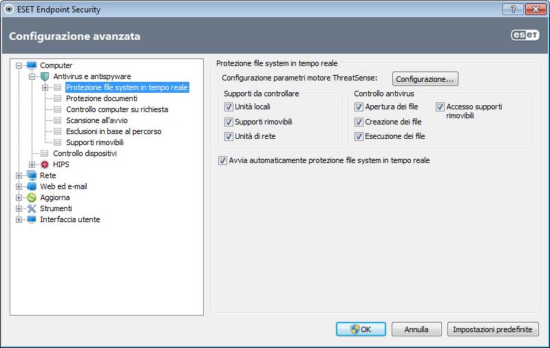 4.1.1.1 Protezione file system in tempo reale La funzione di Protezione file system in tempo reale consente di controllare tutti gli eventi correlati all'antivirus nel sistema.