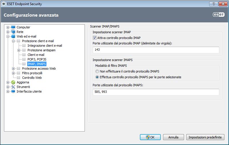 4.3.2.2 Controllo protocolli IMAP, IMAPS IMAP (Internet Message Access Protocol) è un altro protocollo Internet per il recupero dei messaggi e-mail.