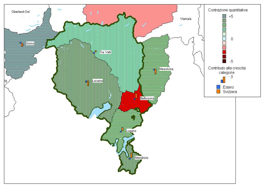 Cartina 4: contrazione sul mercato ticinese delle abitazioni di proprietà e incidenza dell aumento dei nuclei familiari stranieri* sulla situazione nel 2011 * Aumento delle famiglie straniere