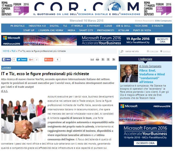 15-03-16 CorriereComunicazioni.it online http://www.corrierecomunicazioni.it/tlc/40245_tlc-ecco-le-figure-professionali-piu-richieste.