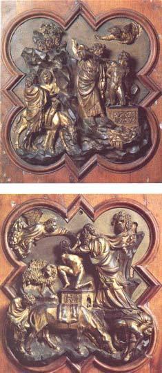 Ghiberti, Sacrificio di Isacco, 1401 Lorenzo Ghiberti (1378-1455) 1455) Vive e lavora a Firenze Si forma in una bottega orafa 1401 l Arte dei mercanti bandisce un concorso per la porta nord del