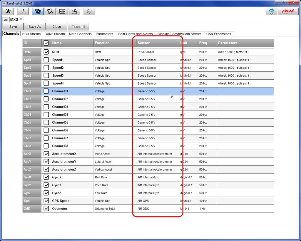 3.2 Configurazione con Race Studio 3 lanciare il software Race Studio 3 e selezionare lo strumento cui il sensore viene collegato; selezionare la configurazione sulla quale si vuole impostare il