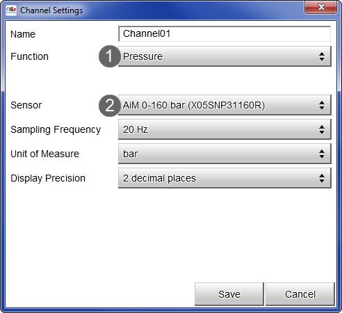 apparirà un pannello di configurazione selezionare la funzione: "Pressione" ed il tipo di pressione prescelta (1) tra o Oil pressure (pressione olio) o Brake Pressure (pressione freni) o Wheel Brake