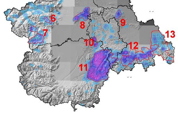 Quadro del dissesto pregresso Ambiente pre-alpino Mappa di densità delle frane superficiali (Sistema Informativo Geologico Arpa Piemonte Sottosistema SIFraP Fenomeni Franosi in Piemonte) Estrazione e