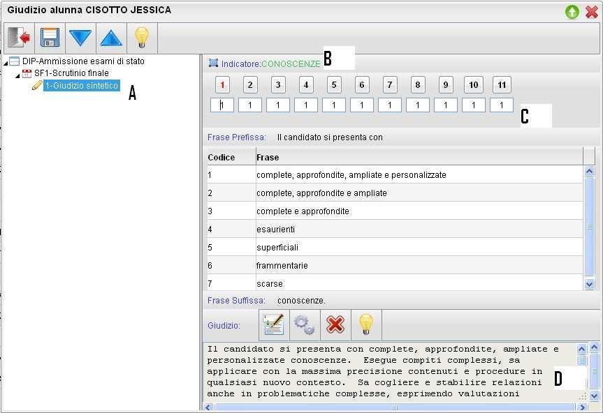 . In fase di caricamento del giudizio, la finestra assumerà il seguente aspetto: Il giudizio di valutazione viene costruito specificando, per ogni Quadro (A) e ogni indicatore (B) un codice di