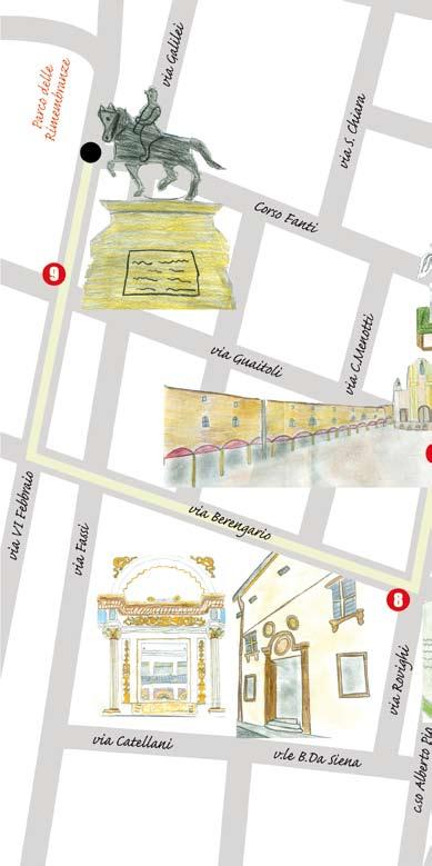 1 Stazione città di Carpi 2 Piazzale Re Astolfo 3 La Pieve di Santa Maria in Castello 4 Cortile delle Steli e Museo Monumento