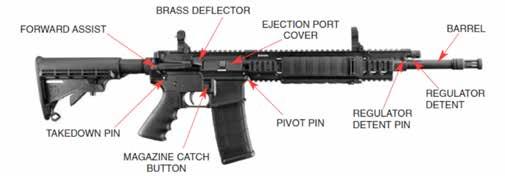 Nomenclatura Traduzione: Forward assist: Takedown pin: Brass deflector: Ejection port cover: Pivot pin: Regulator detent pin: Regulator retent: Barrel: pulsante per la chiusura manuale dell