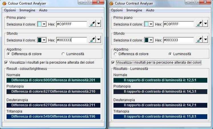 3: Area delle istruzioni di navigazione Contrast analyzer provvede infine ad emulare la visione di un daltonico, suddividendo i risultati in tre esempi