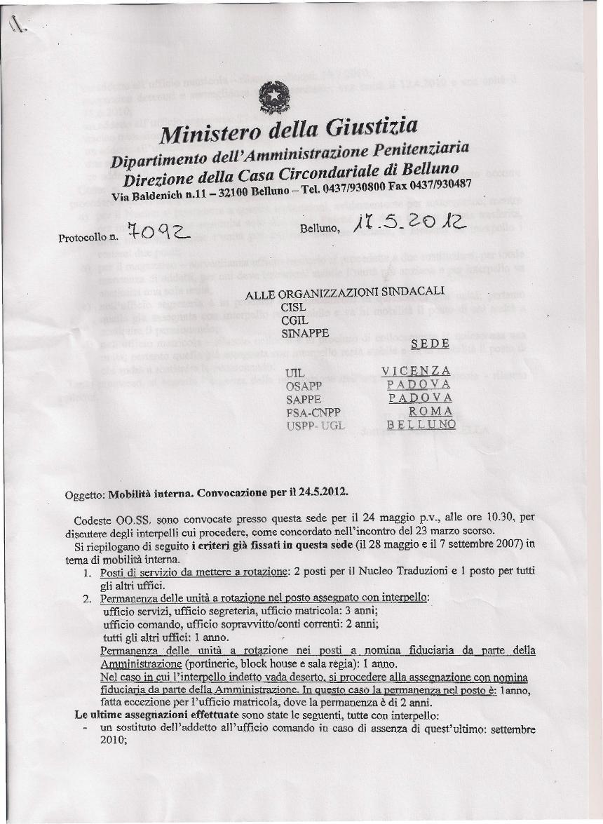 '. Ministero della Giustiz~a.. D rtimento dell'amministrazione Penztenzlarla 'b;ezion e della Casa Circondariale di Belluno. B ld ieh 11_32100Belluno-Tel,04371930800Fax0437/930487 Via a emc n.