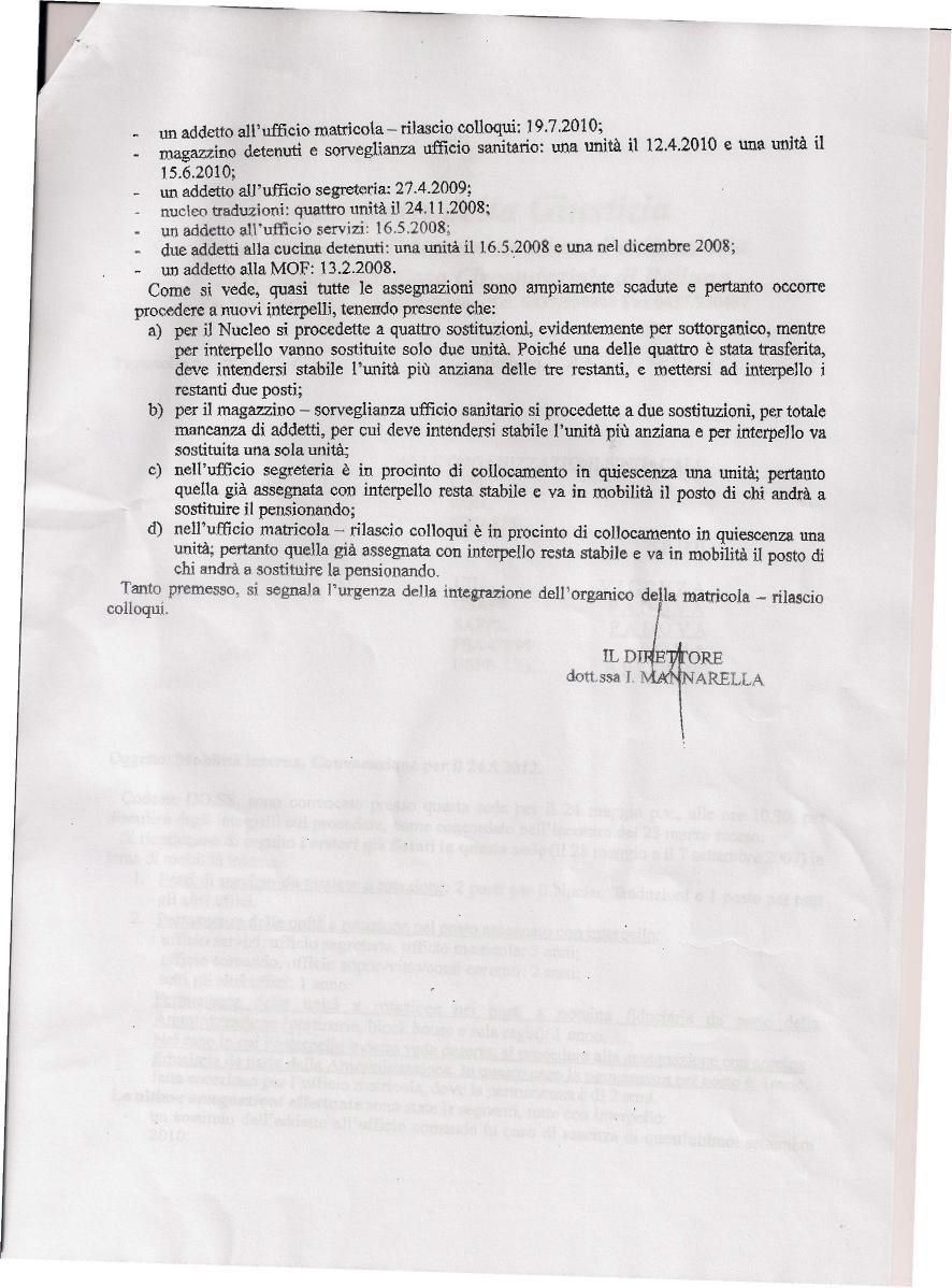 un addetto all'ufficio matricola- rilascio colloqui:!9.7.2010;,,.. magazzino detenuti e sorveglianza ufficio samtano: una Unità d 12.4.2010 e una unità 11 1.5.6.