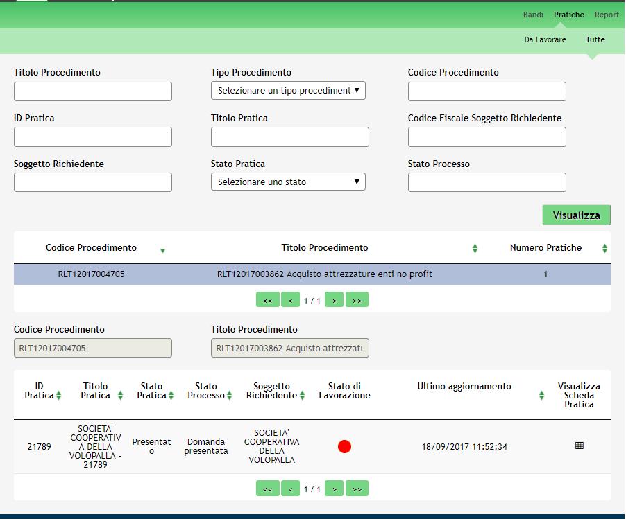 Figura 30 Menu Pratiche Tutte Dettaglio del procedimento selezionato Cliccare sulla pratica di interesse per accedervi.