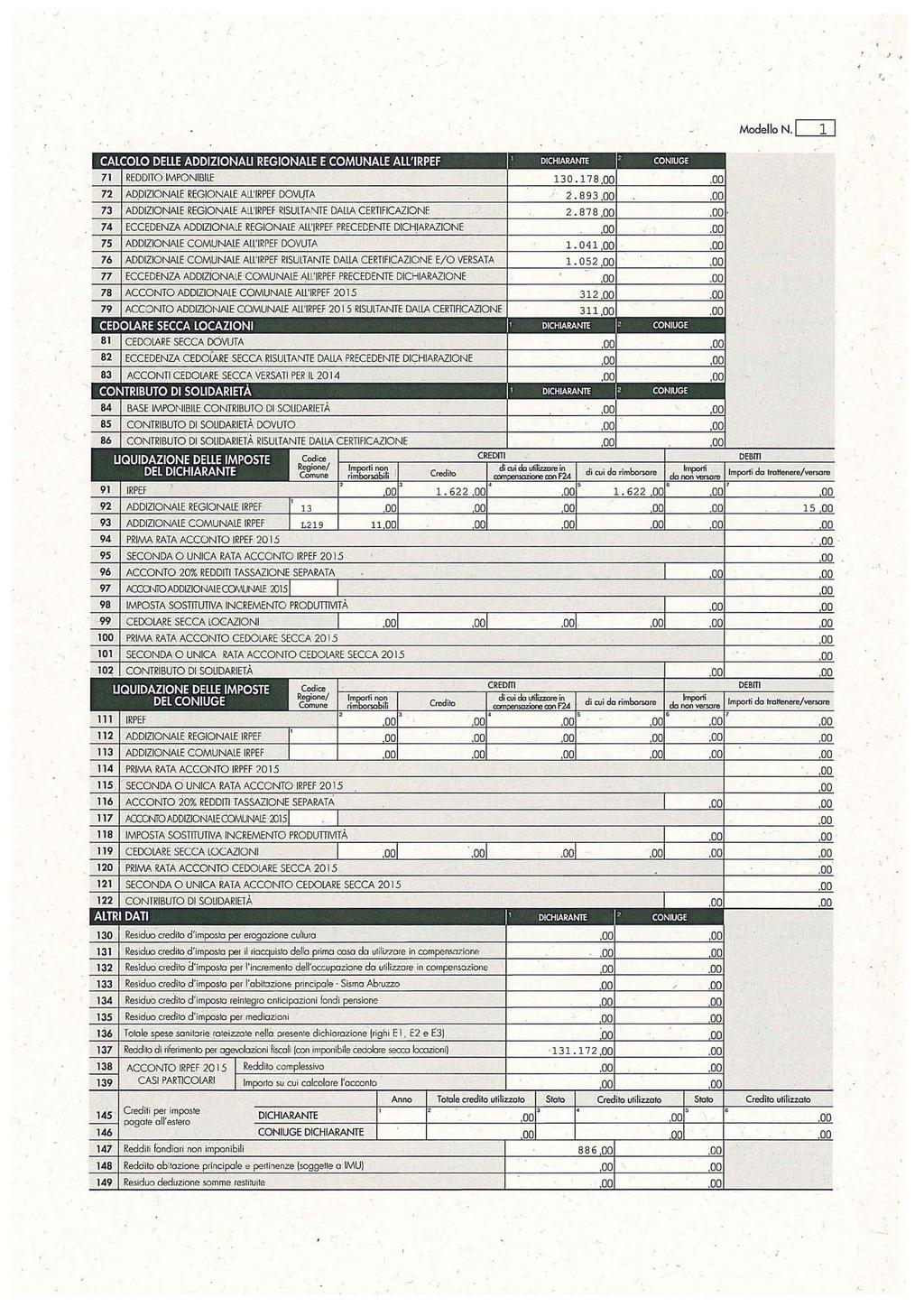 Modello N [::J] e 2 CONUGE 7 RETO LMPONBLE 0 78 72 AZONALE REGONALE ALLiRPEF OVWTA 2 89 7 AZQNPLE REGONALE AllRPEF RSULTANTE ALA CERTFCAZQNE 2878 74 ECCEENZA AZONALE REGONALE AllRPEF PRfCE,ENTE