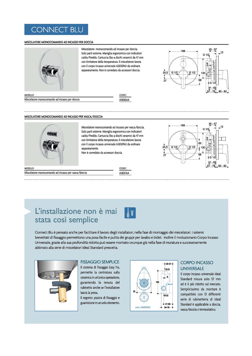 CONNECT BLU MISCELATORE MONOCOMANDO AD INCASSO PER DOCCIA Miscelatore monocomando ad incasso per doccia. Solo parti esterne. Maniglia ergonomica con indicatori caldo/freddo.