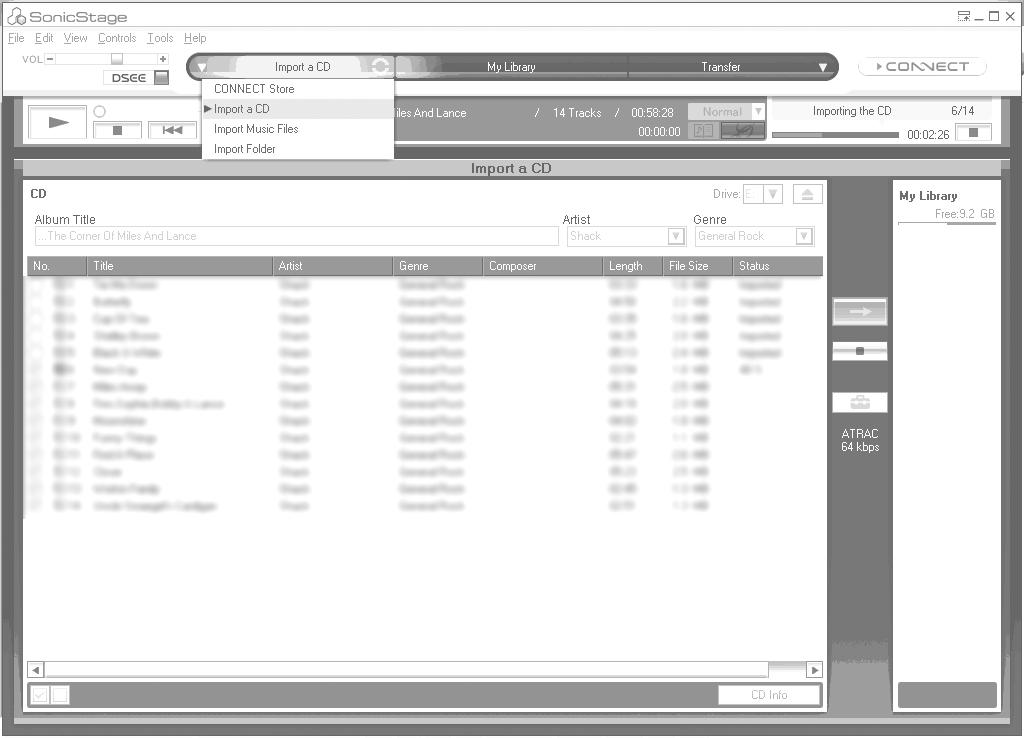 Importazione di file audio Per ulteriori informazioni, consultare la Guida in linea di SonicStage Importare i dati audio nel computer utilizzando SonicStage.