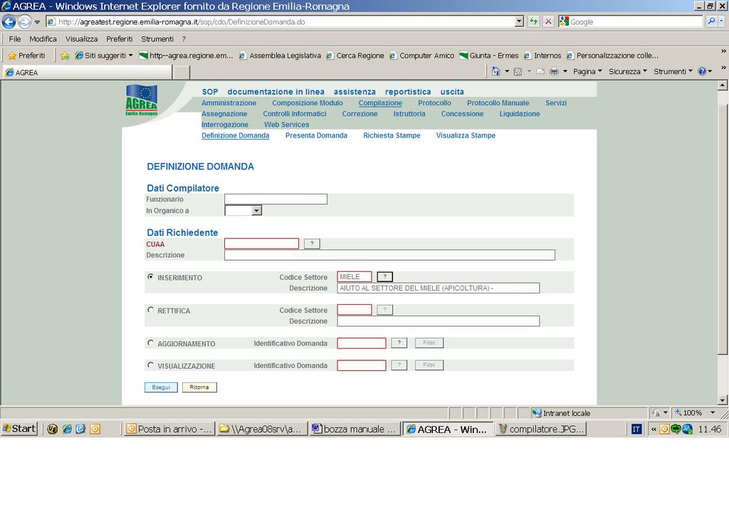 Inserito CUUA e codice settore, selezionare Esegui per creare la domanda. Inserito il CUUA, si aziona?