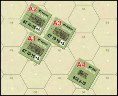 Tre unità sovietiche con Qualità della Formazione Esperta condividono un singolo Comando Fuoco. Scelgono di sparare contro tre diversi bersagli US.