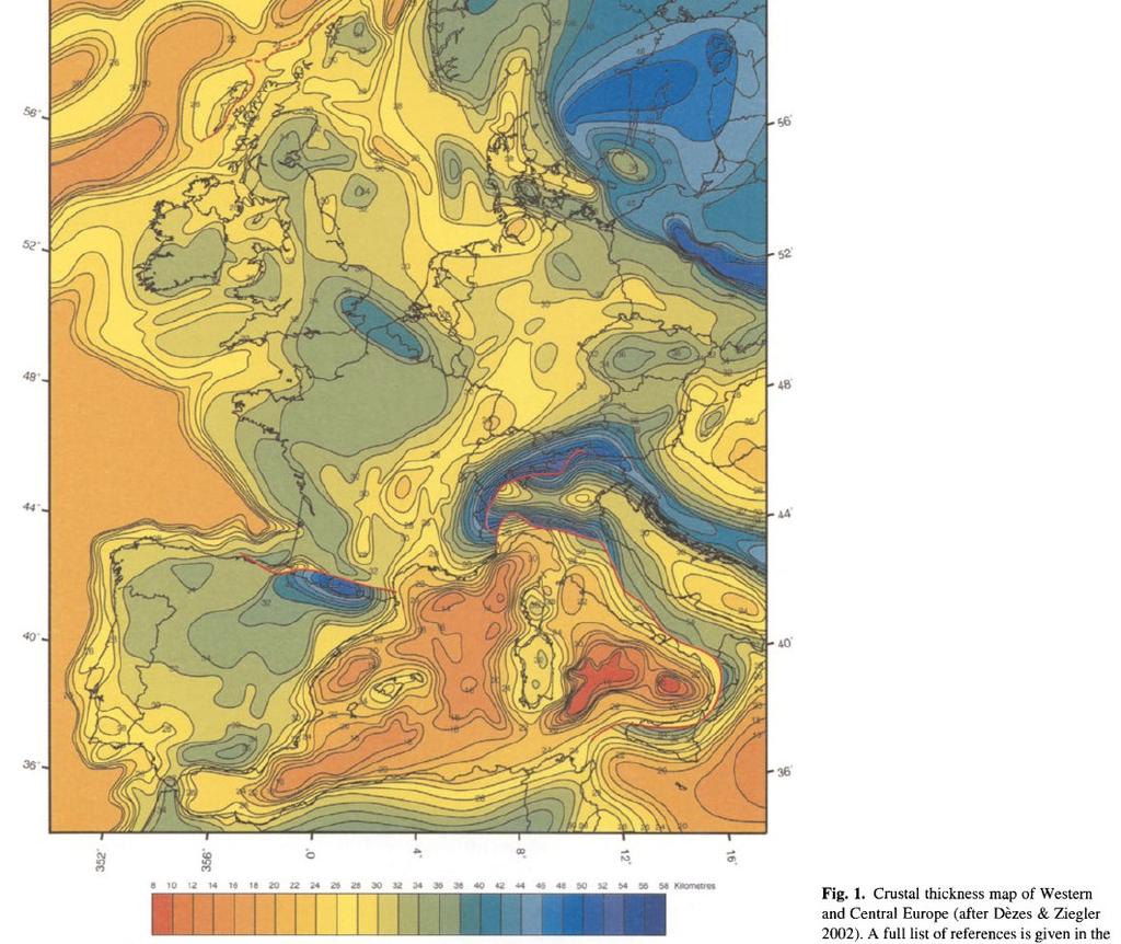 La crosta terrestre nell'europa centrooccidentale: Spessore molto variabile a seconda del tipo: oceanica, continentale (orogeni