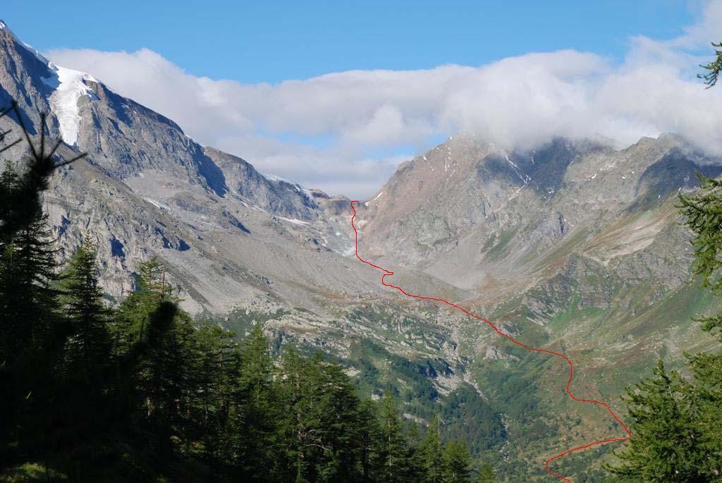 Il percorso di discesa dal passo di Aurona alla piana.