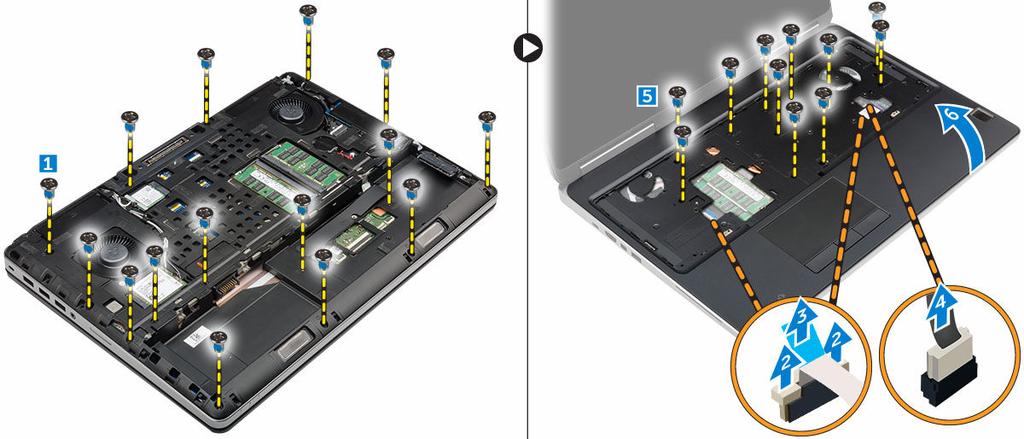 Installazione del supporto per i polsi 1. Allineare il supporto per i polsi dal lato posteriore sul computer e premere sulle posizioni indicate fino allo scatto in posizione. 2.