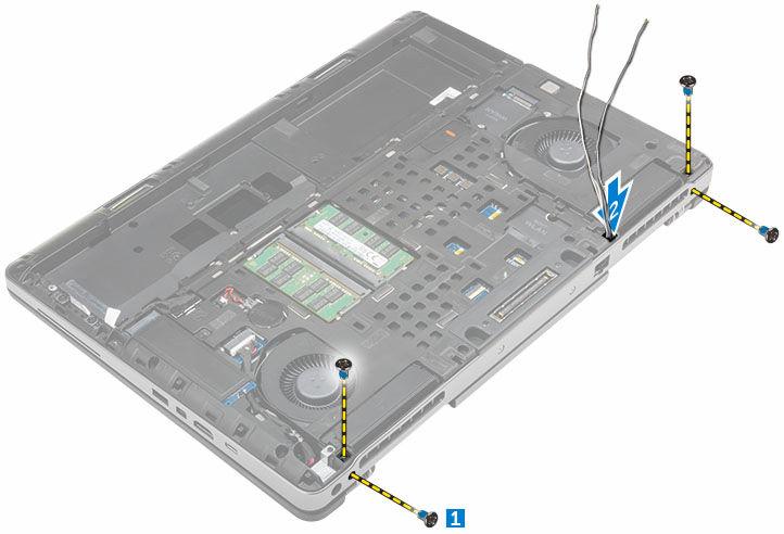 5. Effettuare le seguenti operazioni come illustrato nella figura: a. Rimuovere la vit che fissano il supporto del cavo edp [1]. b.