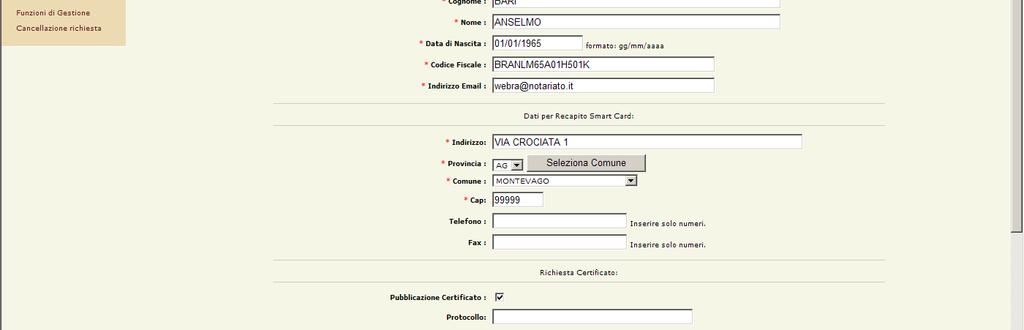 7. Selezionare un elemento nella colonna Codice Fiscale dell Elenco Risultati, viene visualizzata la pagina web corrispondente a tale elemento, contenente il riepilogo dei dati immessi per il Notaio