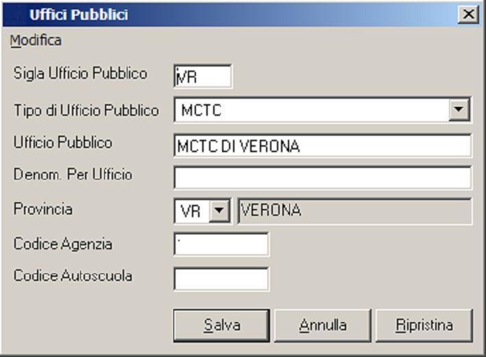 Tipo Ufficio Pubblico: lasciare MCTC (oppure PRA a seconda di cosa è già selezionato). Ufficio Pubblico: sostituire solo il nome della provincia già inserito con il proprio.