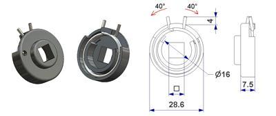 352.n MAZ0028B16/00NA Supporto T2 d 29x7,5 mm con molla destrasinistra gamba 6 mm, foro d 16 mm, quadro 8 mm nero 352.q MAZ0028D16/0001 352.