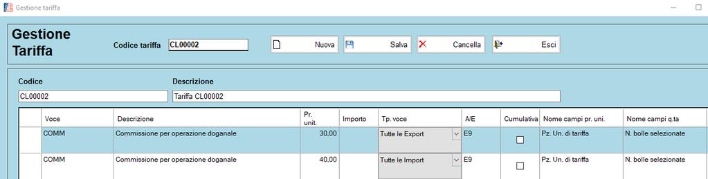 Nella figura che segue è visualizzata la definizione di una voce (chiamata COMM ) da utilizzare per fatturare le commissioni.