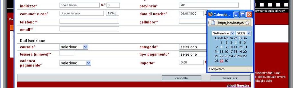 Fig 5 form inserimento dati, dettaglio del calendario I dati possono essere immessi indifferentemente sia maiuscoli che minuscoli (tranne per i campi dove il formato richiede una