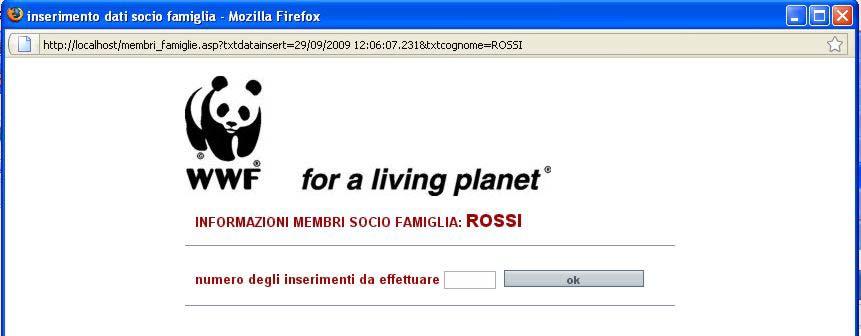 Nel caso di iscrizione o rinnovo di un Socio Famiglia la procedura attiverà automaticamente a fine inserimento una finestra che consentirà l input dei dati relativi alla composizione della famiglia.