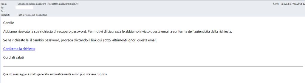 cliccato su Richiedi, l utente verrà indirizzato alla pagina di conferma della richiesta di modifica della password (Figura 5.16). Figura 5.