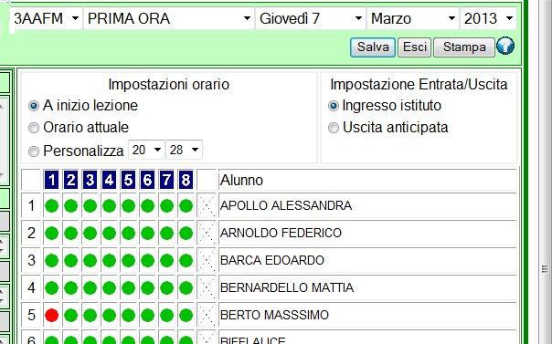 = alunno presente Blu = alunno uscito anticipatamente Nell immagine qui sopra, l alunno Berto Massimo era assente alla prima ora ed è entrato alla seconda ora.