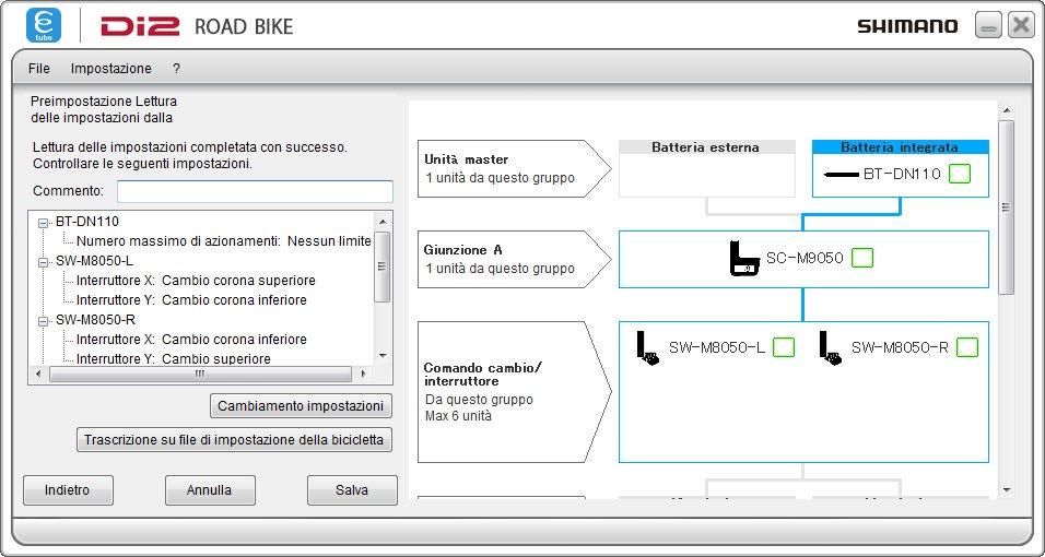 OGNI FUNZIONE DI E-TUBE PROJECT Lettura delle impostazioni dalla bicicletta Selezionare [Lettura delle impostazioni dalla bicicletta] dal menu delle preimpostazioni per leggere le impostazioni dalla