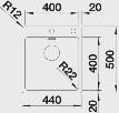 003591-AP 652 563 Dimensioni intaglio per incasso sopratop: 430x490 mm - R 15 Raggio interno: 22 mm Raggio fondo vasca: 10 mm Raggio esterno: 12 mm Profondità vasca: 190 mm Fornitura: vasca con