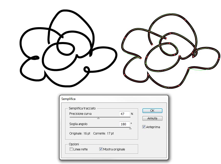 Lavorare con i tracciati: semplificazione La semplificazione consente di eliminare i punti di ancoraggio superflui, manentendo (teoricamente) la stessa forma. 1. Selezionare l oggetto 2.