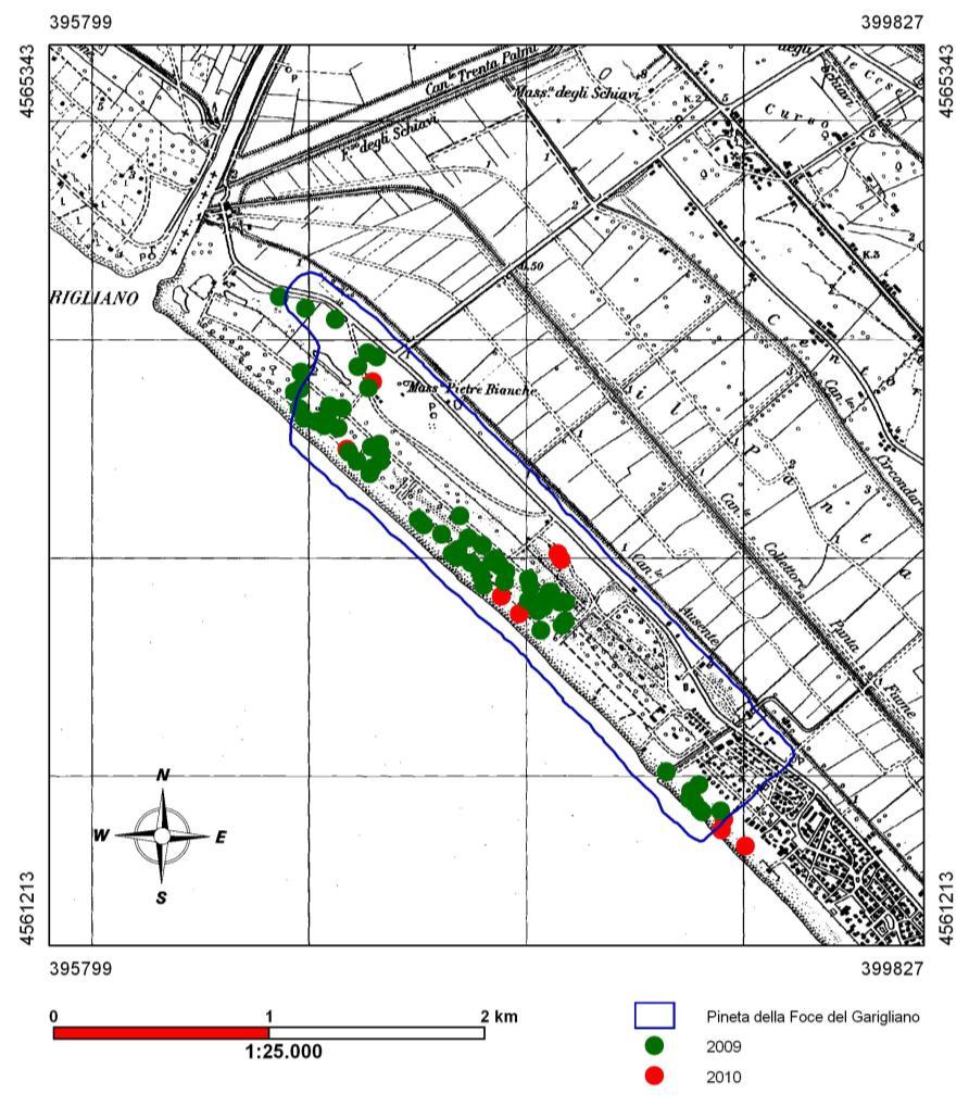 Fig. 1: Localizzazione degli 83 rilievi fitosociologici condotti all interno dell area indagata.