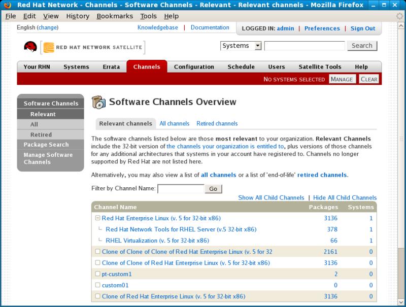 CAPITOLO 4. SITO WEB DI RED HAT NETWORK Figura 4.17. Tutti i canali 4.6.1.4. Canali di Red Hat La pagina Canali di Red Hat mostra i canali di Red Hat insieme ai propri canali figlio disponibili.