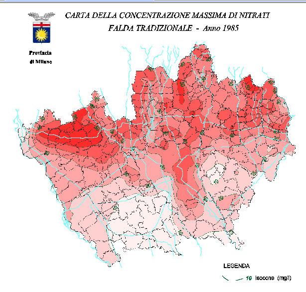3. Tendenze in atto (4/6) Acqua: inquinamento nitrati Concentrazioni di nitrati in mg/l negli anni 198 e 000. Fonte: Provincia di Milano 3.
