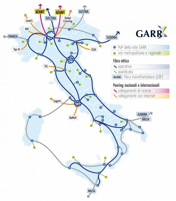 Reti WAN: La rete GARR GARR è la Rete dell'università e della Ricerca Scientifica Italiana. Essa connette sul territorio Nazionale tutti i centri fornendo classi di servizio molto elevate.