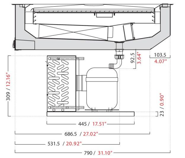 - parti a vista in acciaio inox AISI 304 finitura Scotch Brite - sistema anticondensa con cavo caldo inserito all interno di un tubo in rame posto a contatto della cornice perimetrale della vasca -