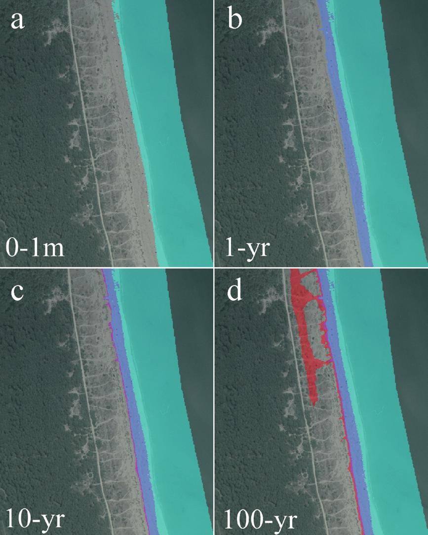 Figura 9 Si osservano le simulazioni delle zone inondabili con: a) un sovralzo di 1 m sul livello medio mare; b) con un sovralzo di 2.09 m (periodo di ritorno di 1 anno); c) di 2.