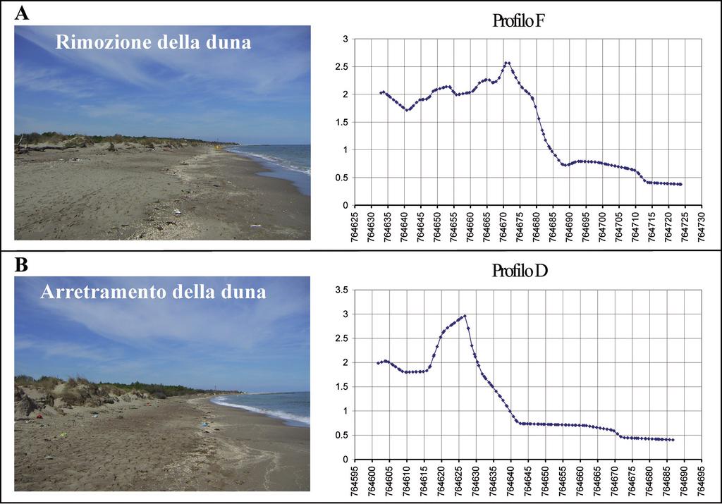 Figura 11 Tipologie di erosione dei cordoni dunari osservate in seguito alle mareggiate del 24-26 settembre 2004 Emilia-Romagna, costituiscono una risorsa inestimabile.