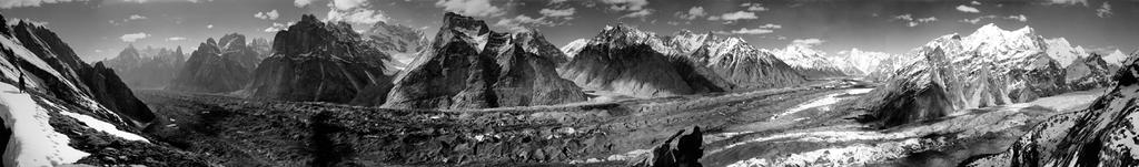 Il ghiacciaio Baltoro in una veduta panoramica a 270, che si riesce a scorgere per quasi tutta la sua lunghezza.