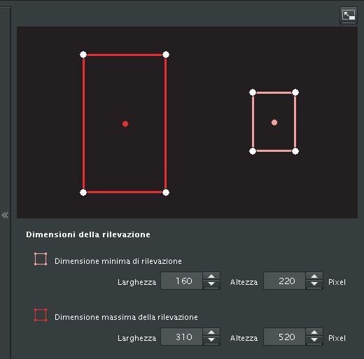 Detection sensitivity Consente di impostare la sensibilità di rilevazione movimento. Le dimensioni dell area sono misurate in pixel.