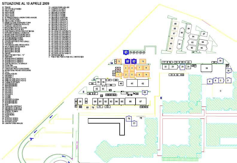 SITUAZIONE AL 10 APRILE 2009 TENDOPOLI AREA EMERGENZA CAMPER DENTISTI CAMPER OCULISTI DIREZIONE SANITARIA FARMACIA