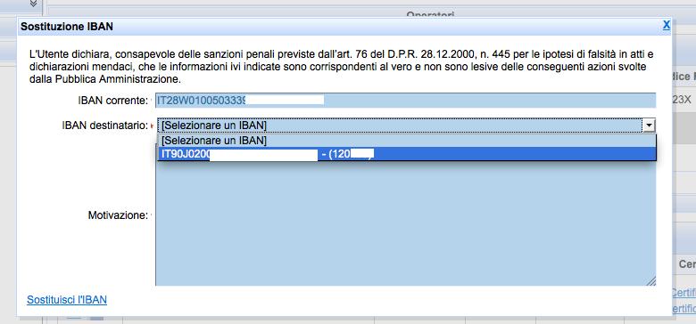 Cliccare sull icona Sostituisci IBAN nella riga riferita alle coordinate bancarie che si vuole sostituire (Fig.13) Selezionare un codice IBAN valido per l ASL/AO all interno del menù a tendina (Fig.