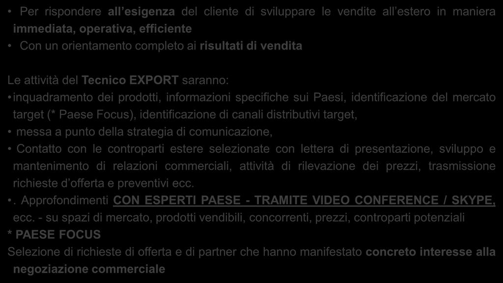 INSERIMENTO COMMERCIALE PERSONALIZZATO CON TECNICO EXPORT IN AZIENDA IL SERVIZIO PER LE AZIENDE CHE HANNO L ESIGENZA DI ORGANIZZARE L UFFICIO EXPORT E DI SVILUPPARE LE VENDITE ALL ESTERO Per