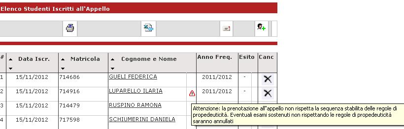 È possibile ordinare la lista iscritti all appello in base ai criteri di Data Iscrizione, Matricola, Cognome e Nome, utilizzando le freccette evidenziate: Il cambio di ordinamento nella pagina web